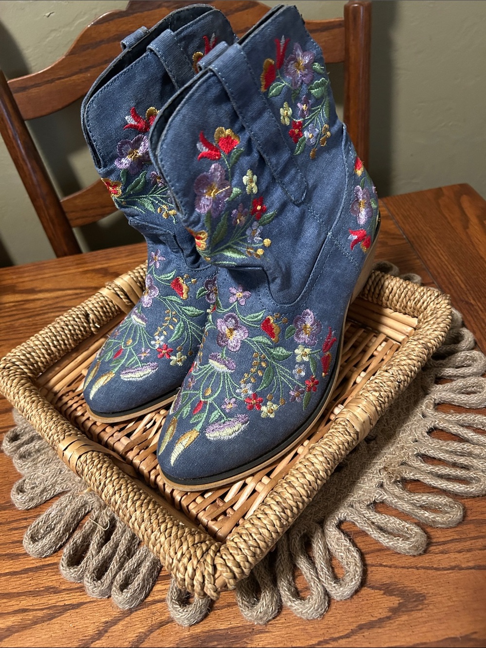 Embroidered Blue Floral Women's Ankle Boots